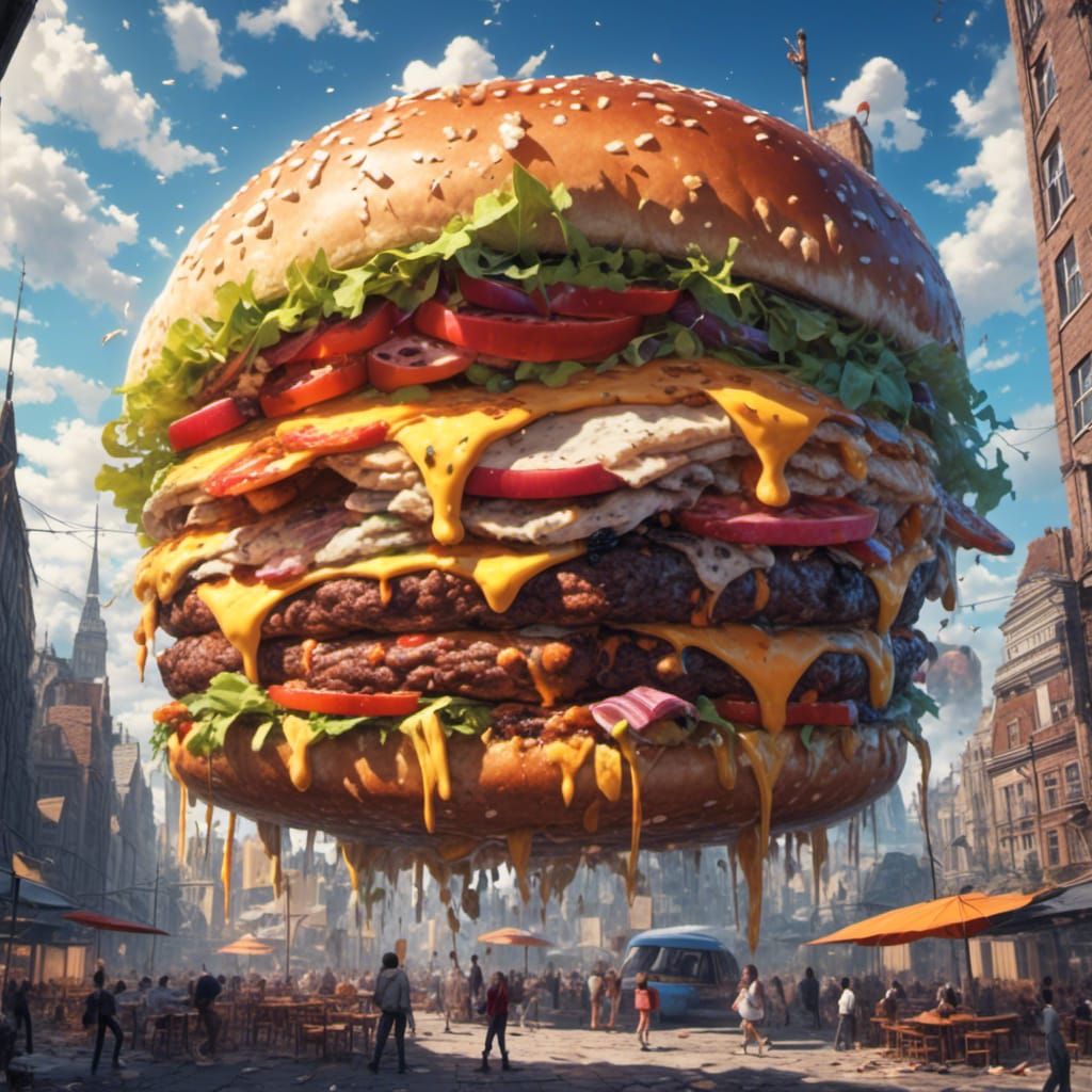 Giant Monster Eats Burger Under Blue Sky