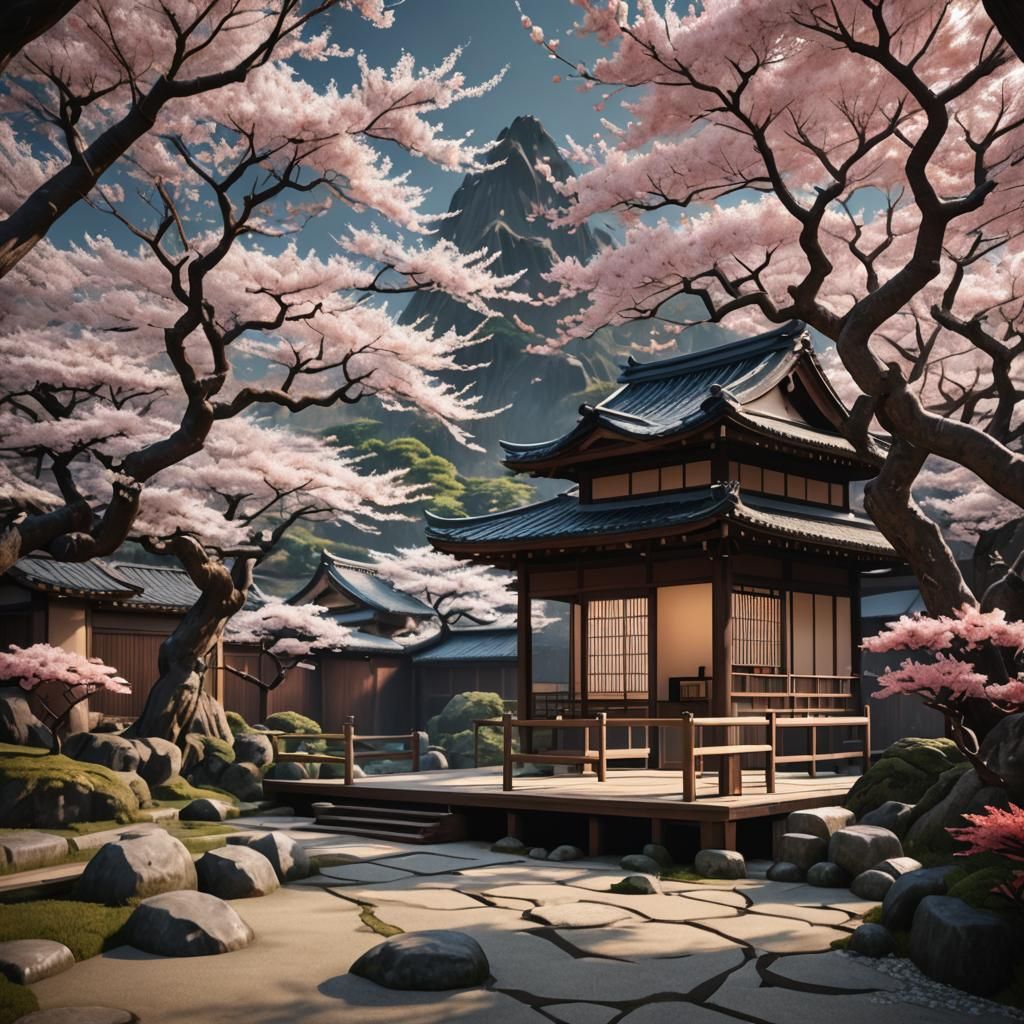 Japanese House in Zen Garden, Cherry Blossom Season