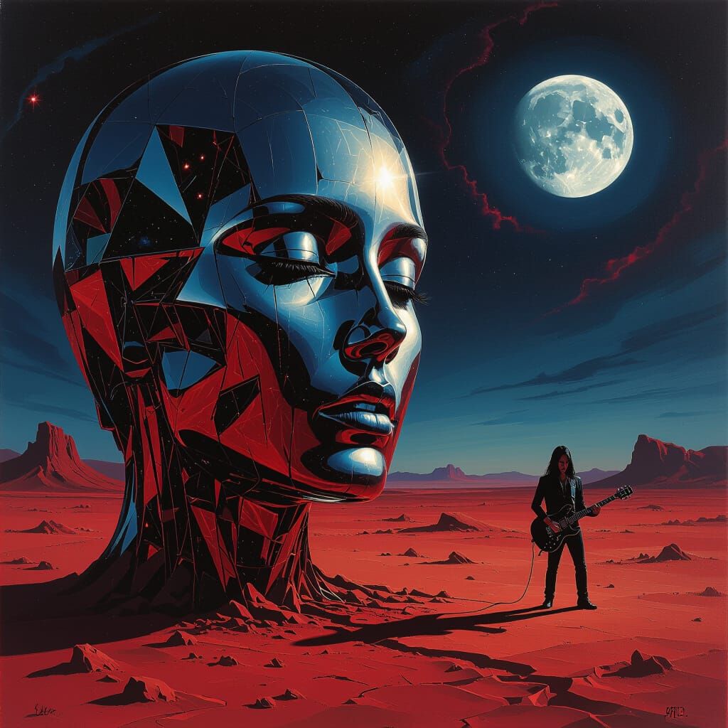 Lone Guitarist in Cosmic Desert under Twin Moons