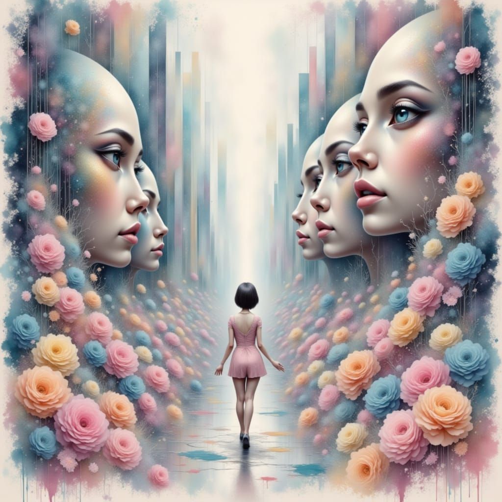 Ethereal Cityscape with Lone Figure, Soft Pastel Colors and ...