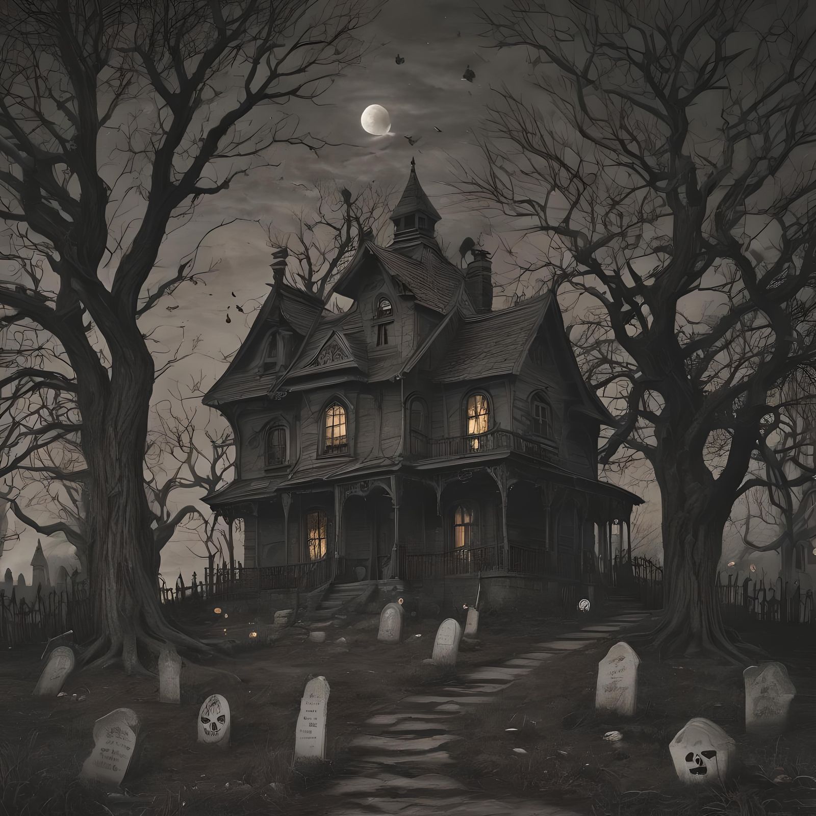 Haunted House with Gravestones, Ghosts and Witches