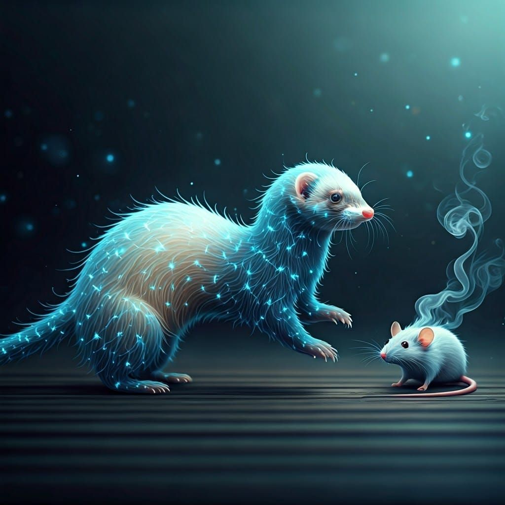Ethereal Ferret Chasing Smoke Mouse in Dreamscape
