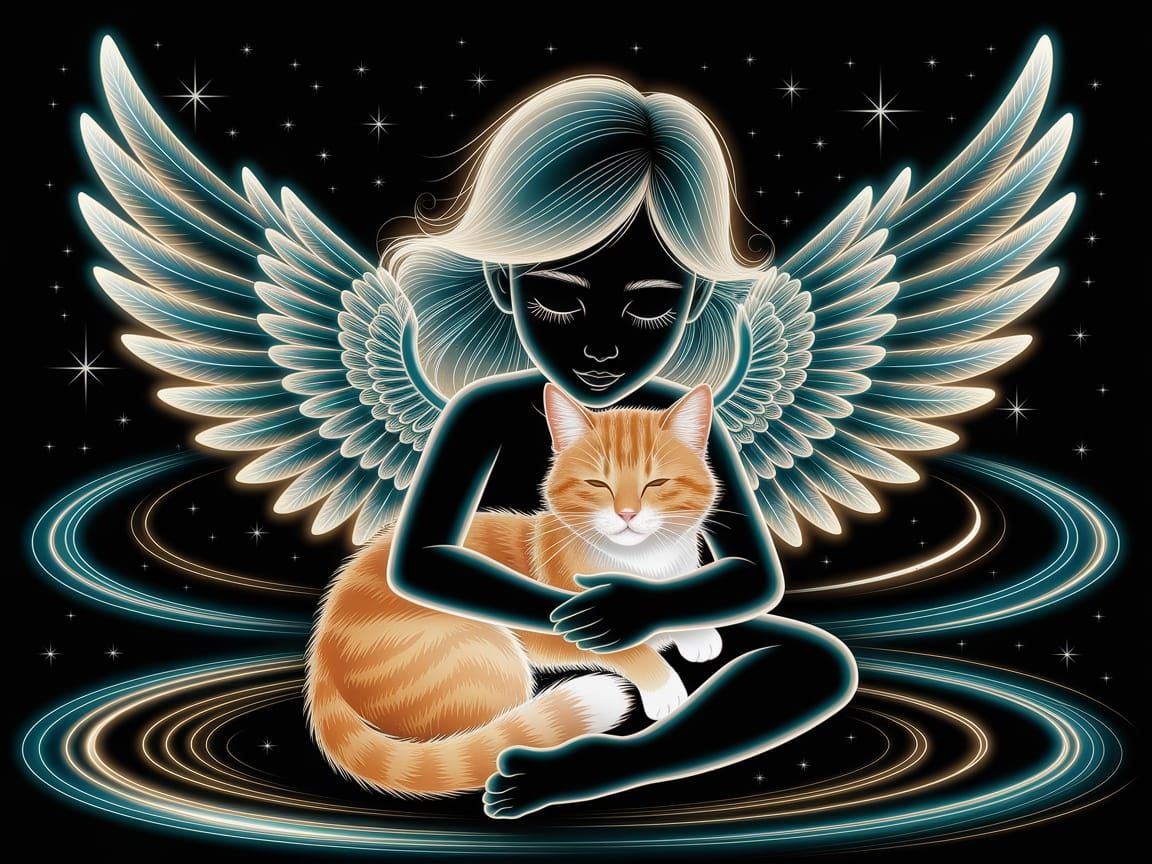 Glowing Angel Girl Embracing a Peaceful Orange Tabby Cat in ...