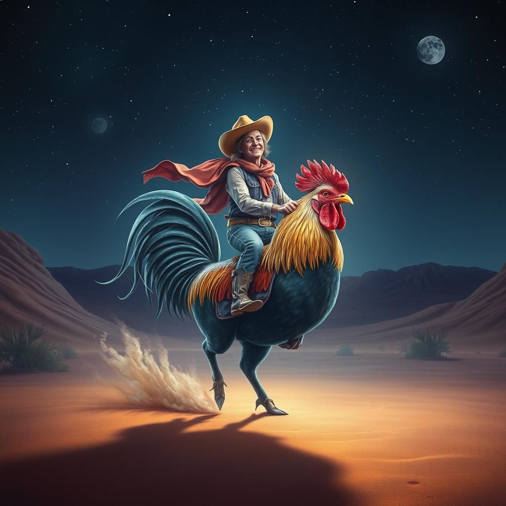 Cowboy Pig Rides Rooster: Astral Cosmic Illustration