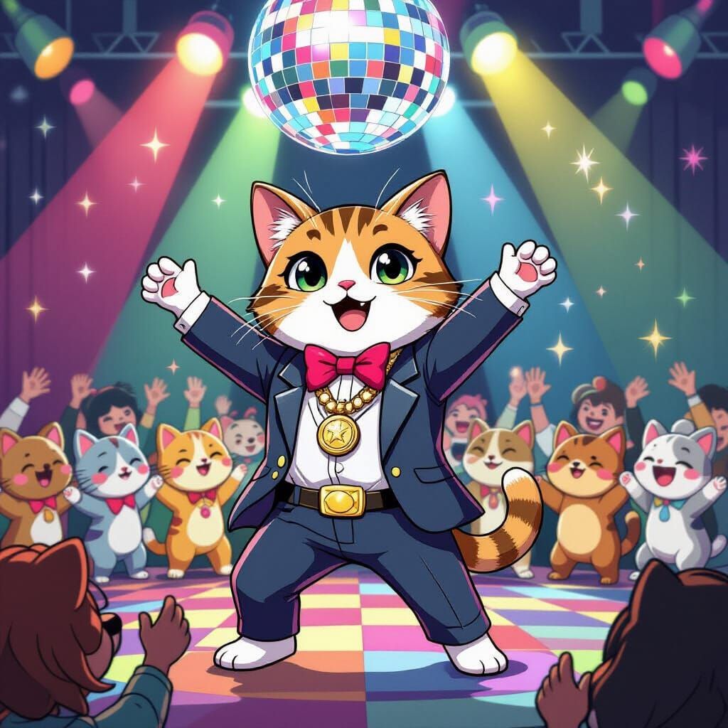 Cute Cartoon Cat Disco Dances in 70s Ballroom