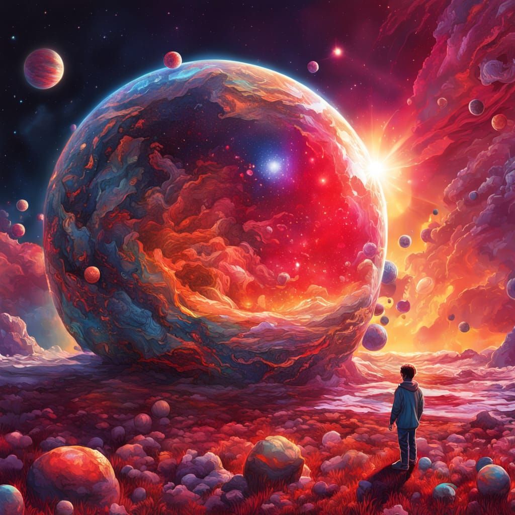 Vibrant Cosmic Sunrise: Holographic Mixed Media Illustration