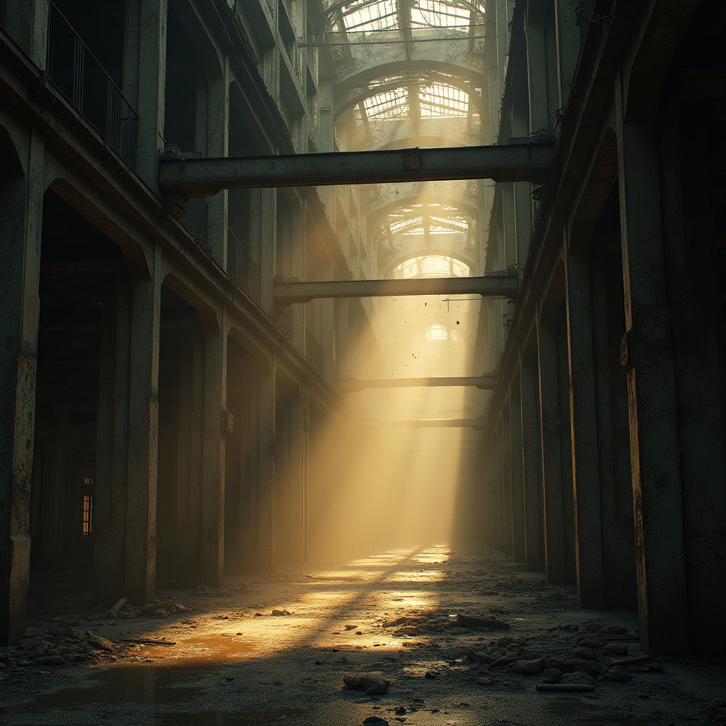 Abandoned Manhattan Warehouse Interior with Volumetric Light...