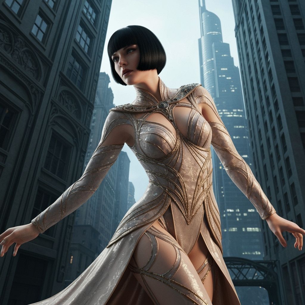 Woman in Dynamic Pose with Art Nouveau Flair