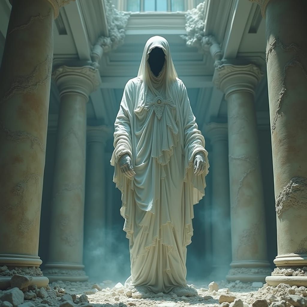 Ghostly Figure in Ruined Marble Statue
