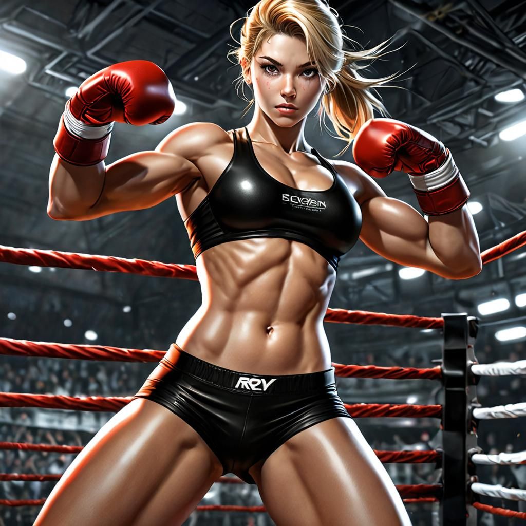 Anime Woman Boxer in Ring, Cel-Shaded Style