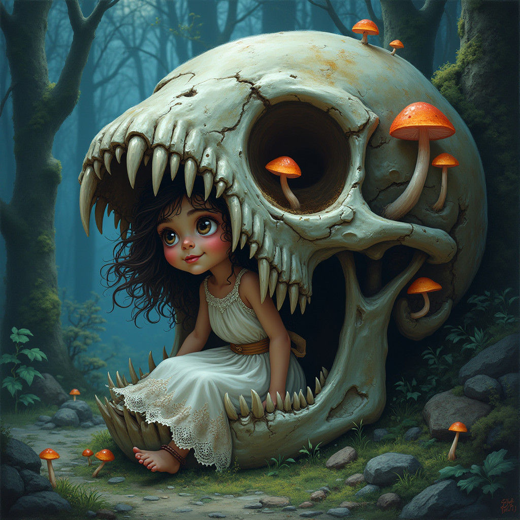 Girl Hiding in Beast Skull in Whimsical Illustration