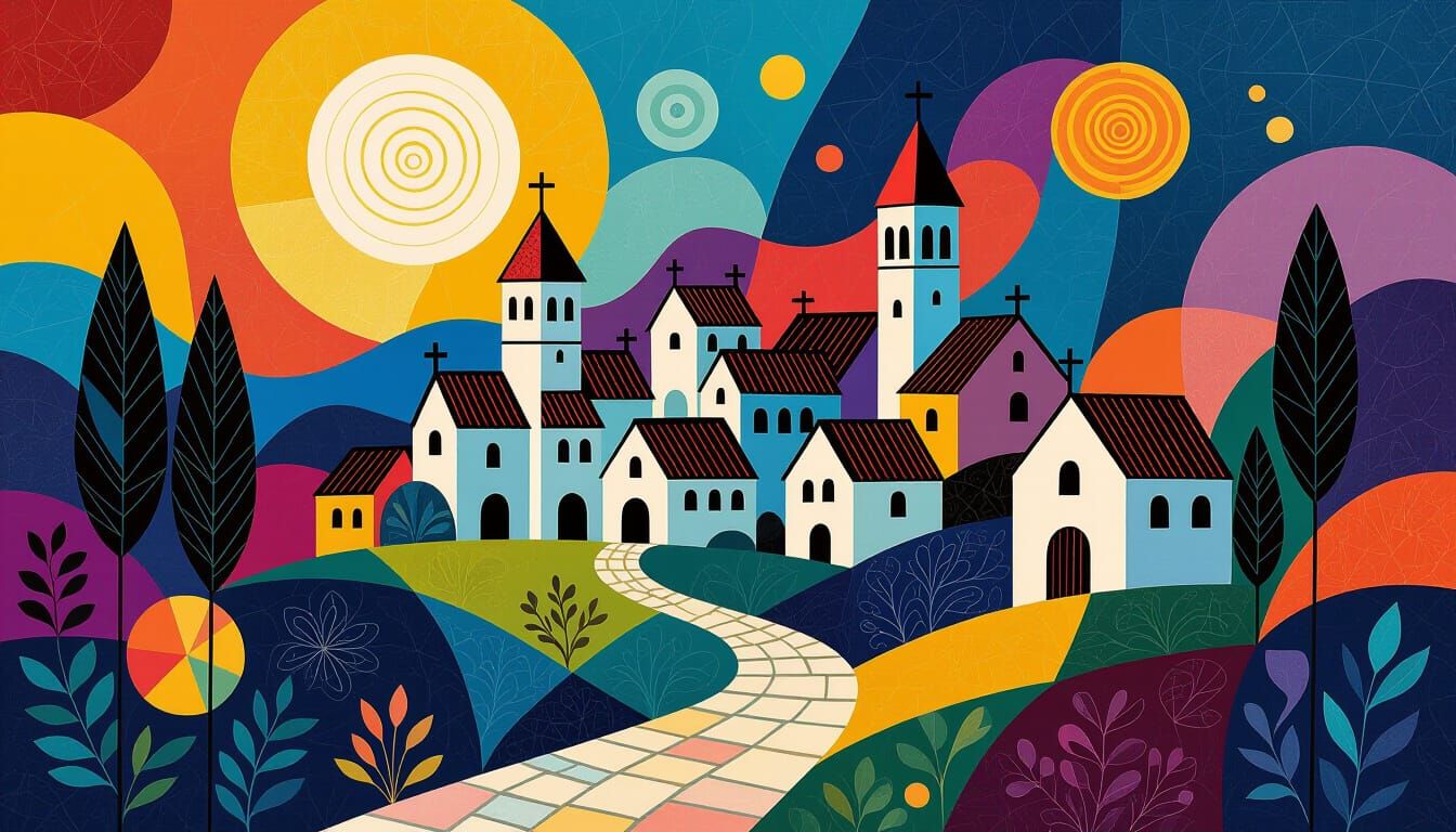 Medieval Village in Black Line-Art with Abstract Geometry