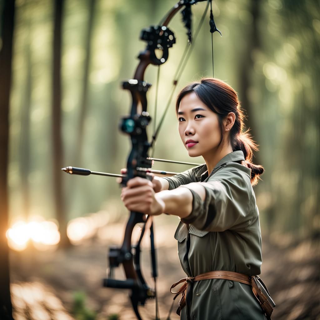 Young Asian Woman Hunting in Forest: Professional Photograph...