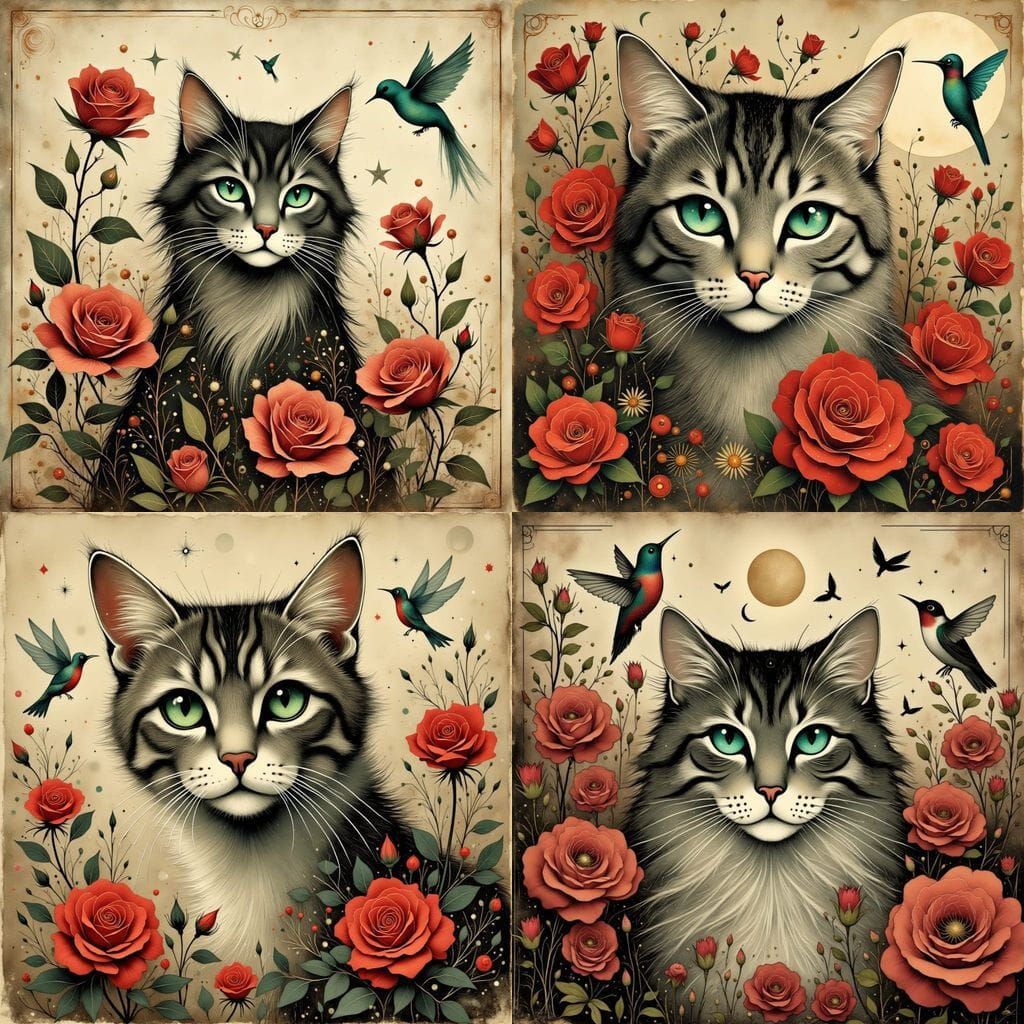 Tabby Cat in Roses Bathed in Sunlight