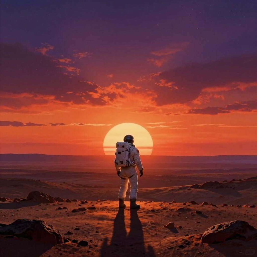 Astronaut Views Binary Sunset on Alien World in Retro Sci-Fi...