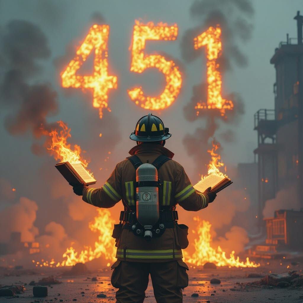 Dystopian Firefighter with Flaming Book, Syd Mead Style