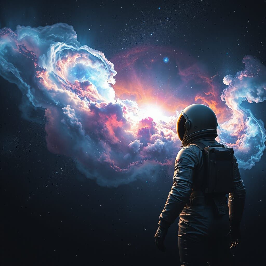 Astronaut Gazes at Nebula in Sci-Fi Gemstone Style