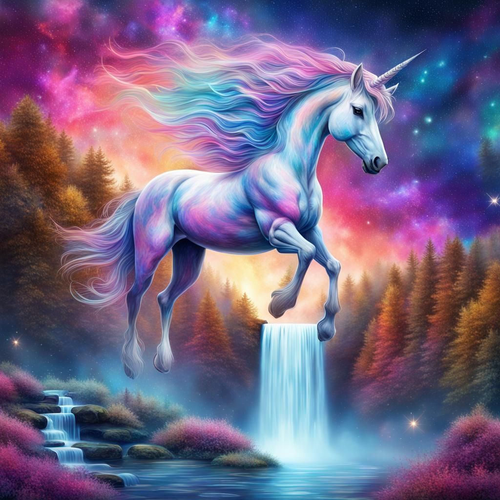 Unicorn and Waterfall in Galaxy Sky