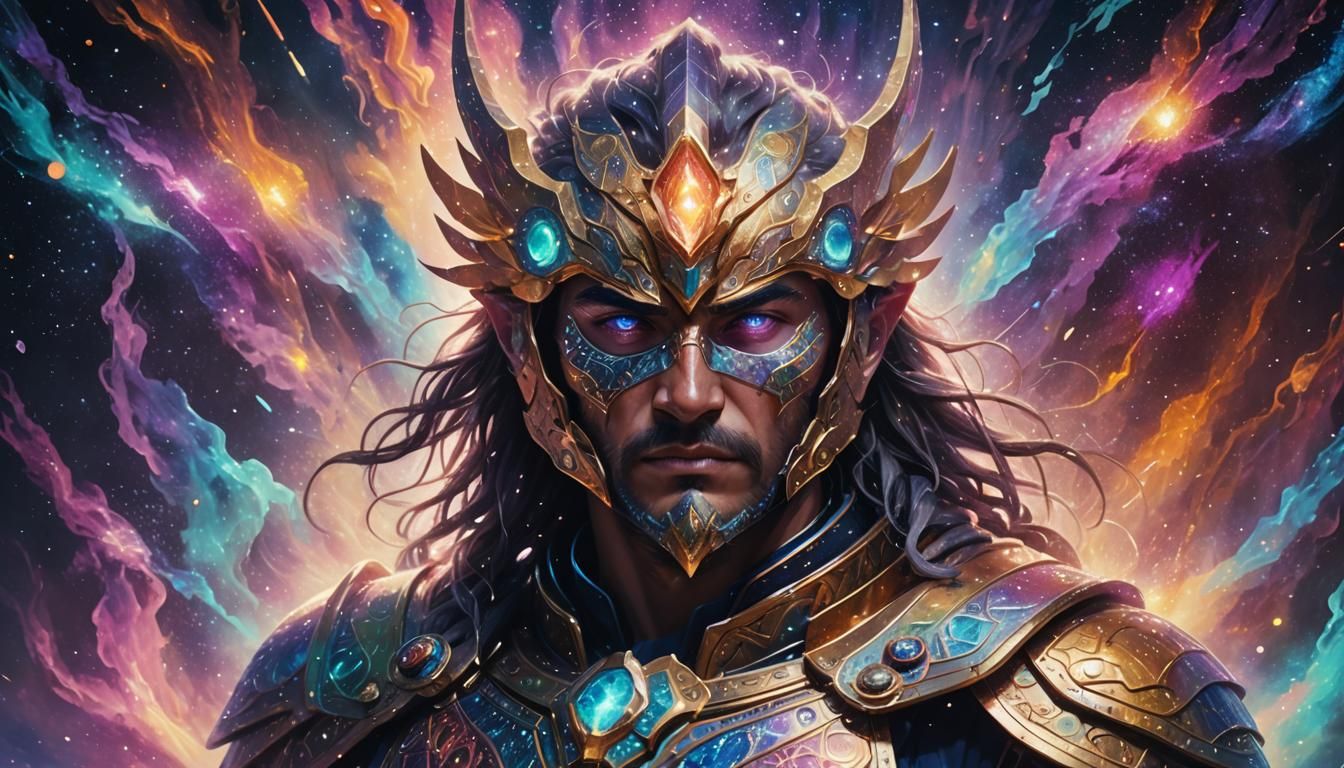 Holographic Astral Warrior in Dreamlike Cosmic Art