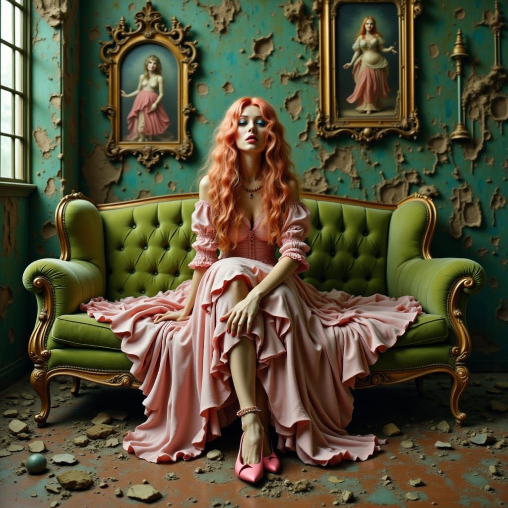 Mysterious Woman with Salmon Hair on Decayed Velvet Sofa