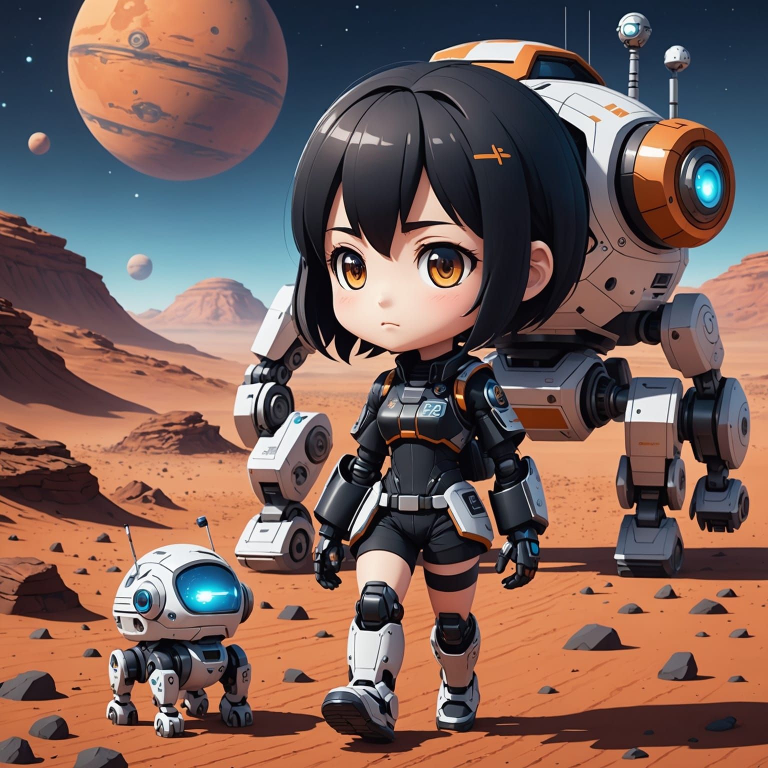 Anime Girl Walking Robot Pet on Mars