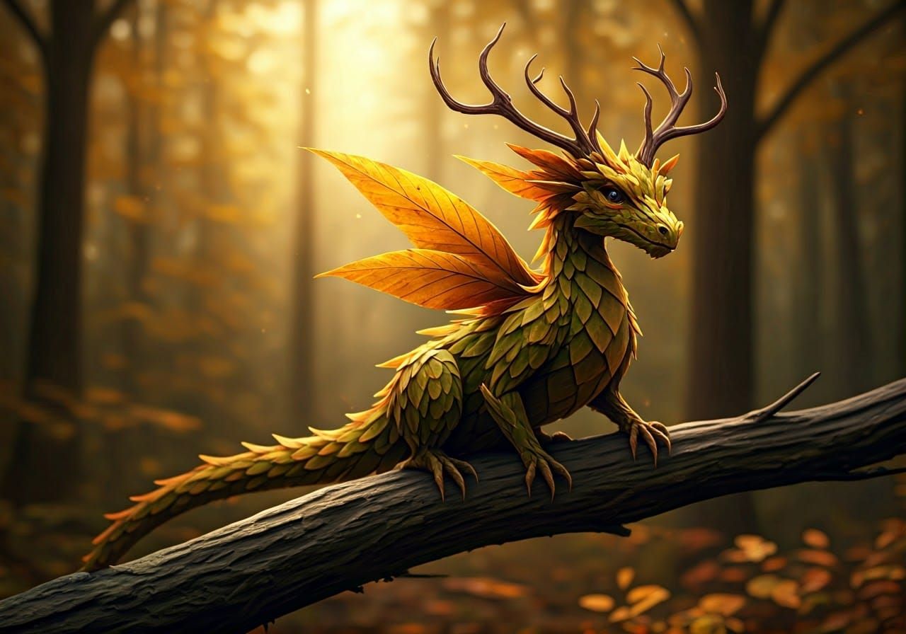 Autumnal Fae Dragon in Golden Forest