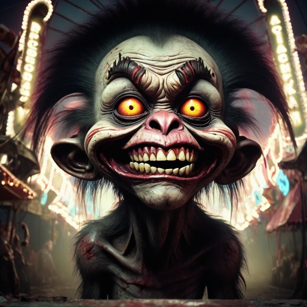 Zombie Monkey Clown Grinning in Derelict Carnival
