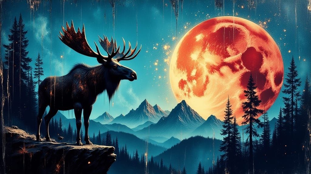 Surreal Moose on Cliff Edge Under Crimson Moon