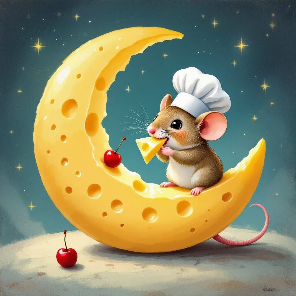 Whimsical Mouse Bites Giant Swiss Cheese Moon