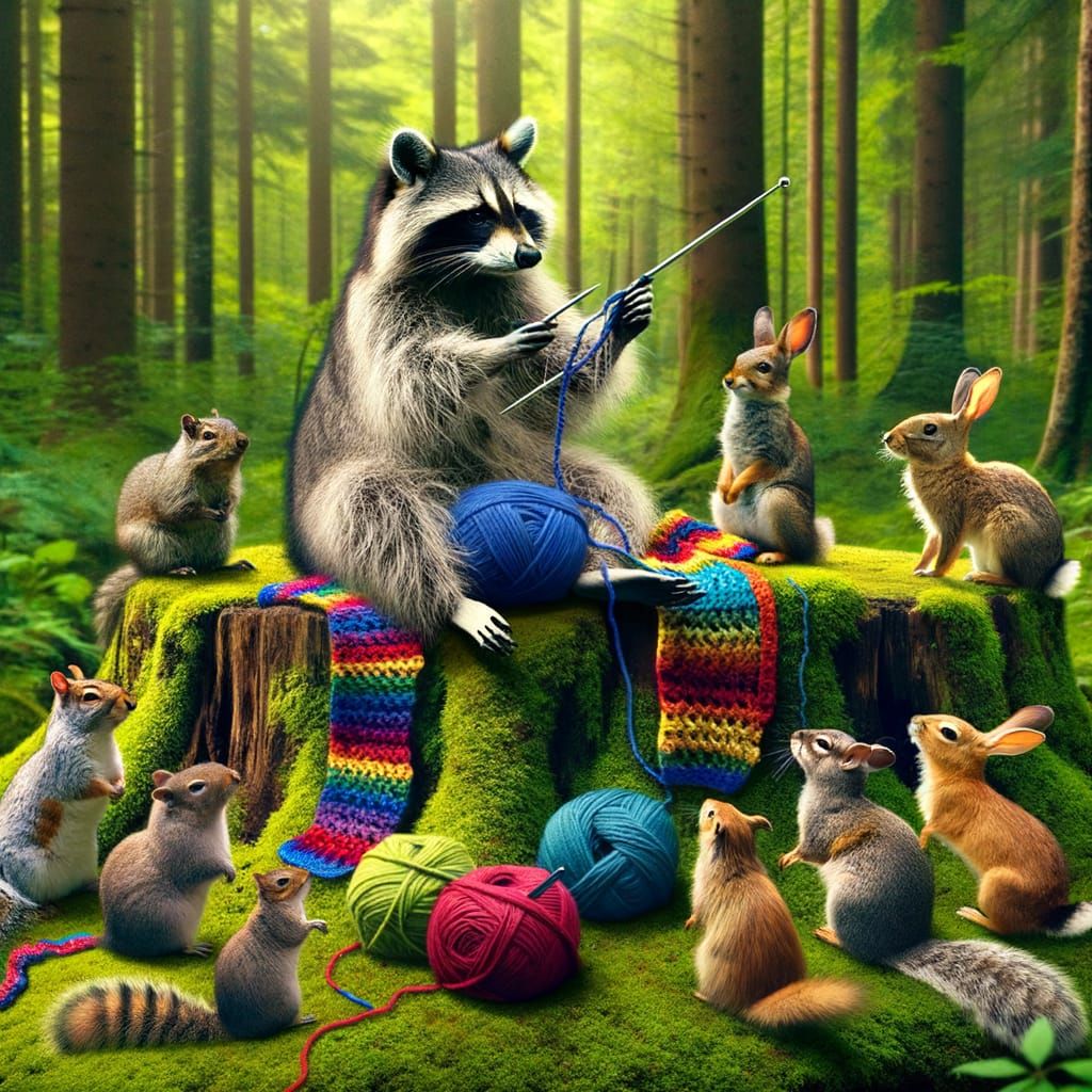 Forest Animals Learn Crocheting From Crafty Raccoon
