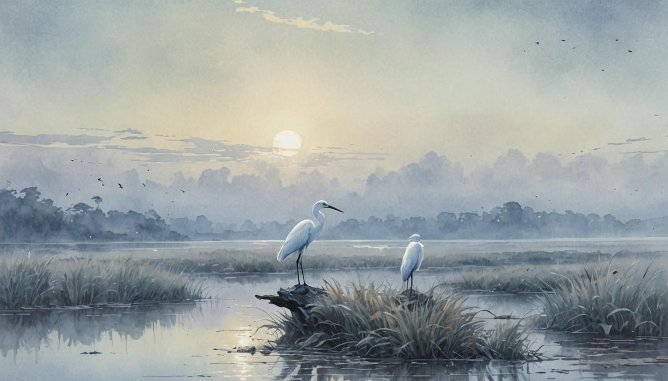 Little Egret at Misty Sunrise: Watercolor Comic Art