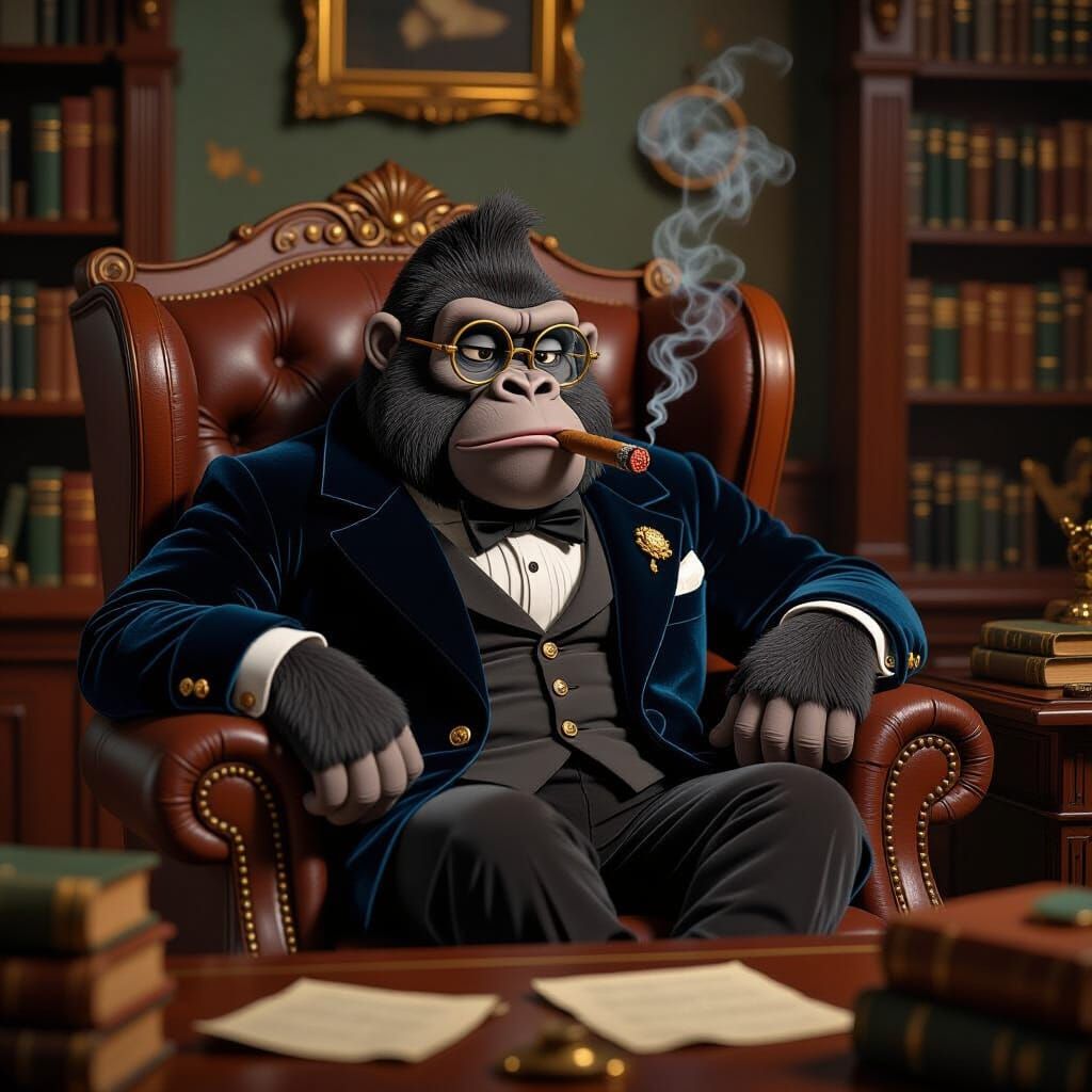 Disgruntled Gorilla Lounging in Steampunk Study