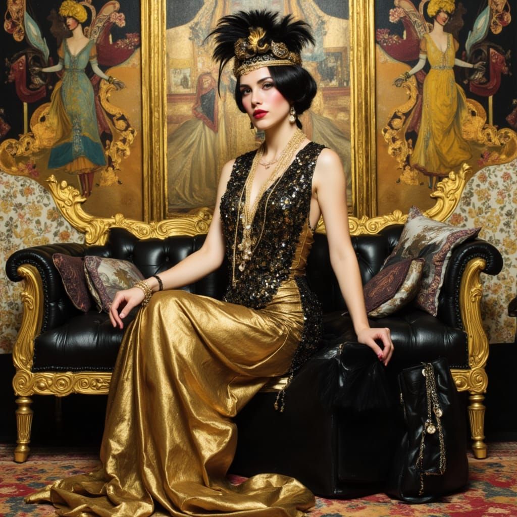 1920s Flapper in Opulent Golden Parlour