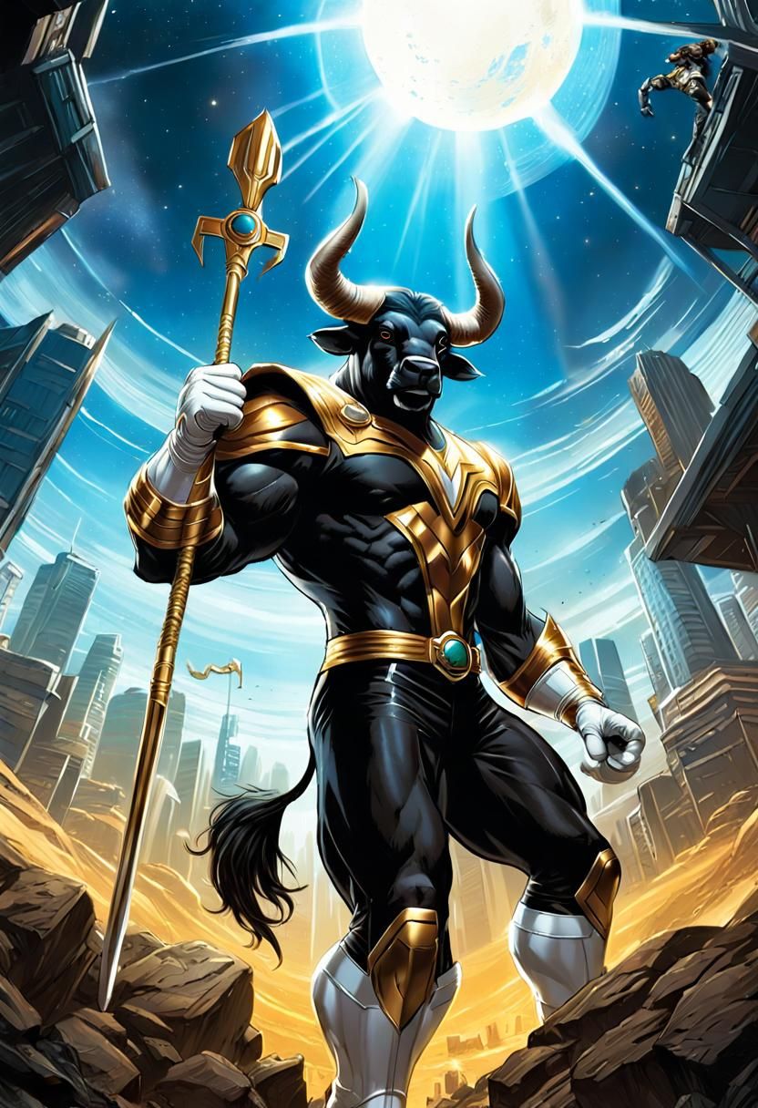 Gigantic Buffalo Superhero with Magical Trident