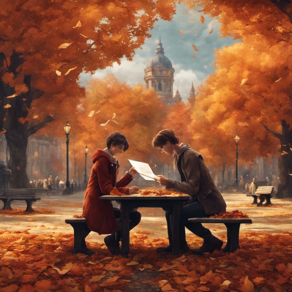 a scene of two friends exchanging heartfelt letters in a park, surrounded by falling autumn leaves.