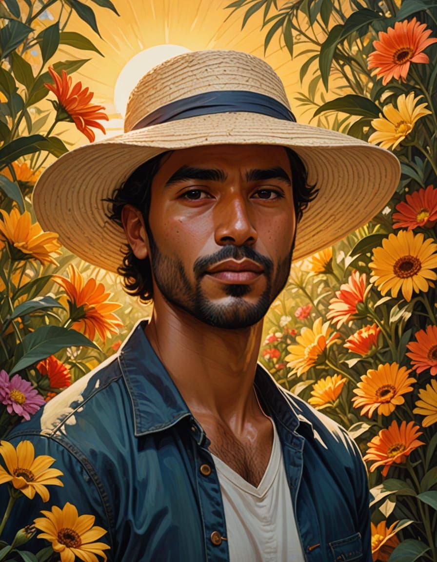 Hispanic Man with Floral Sun Hat in Golden Hour