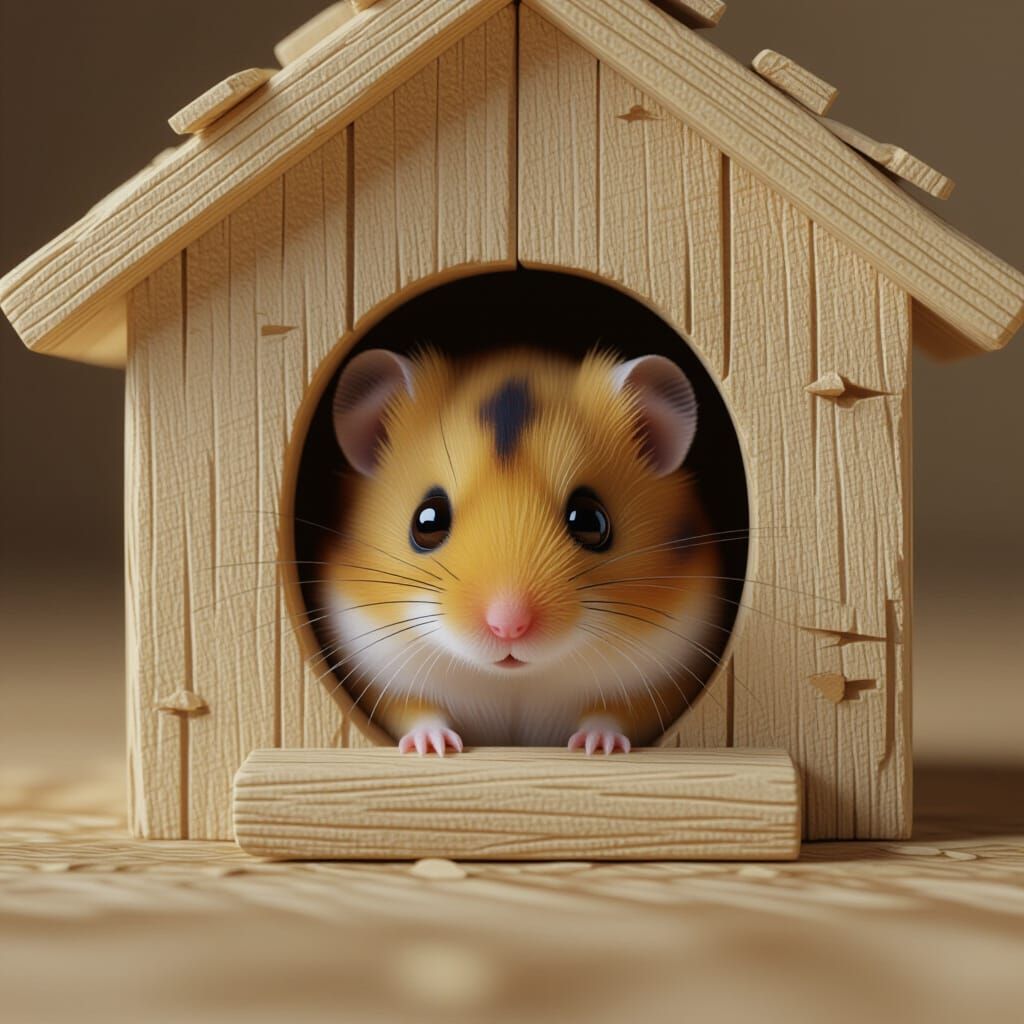 Hamster Peeking from Wooden House in Anime Style