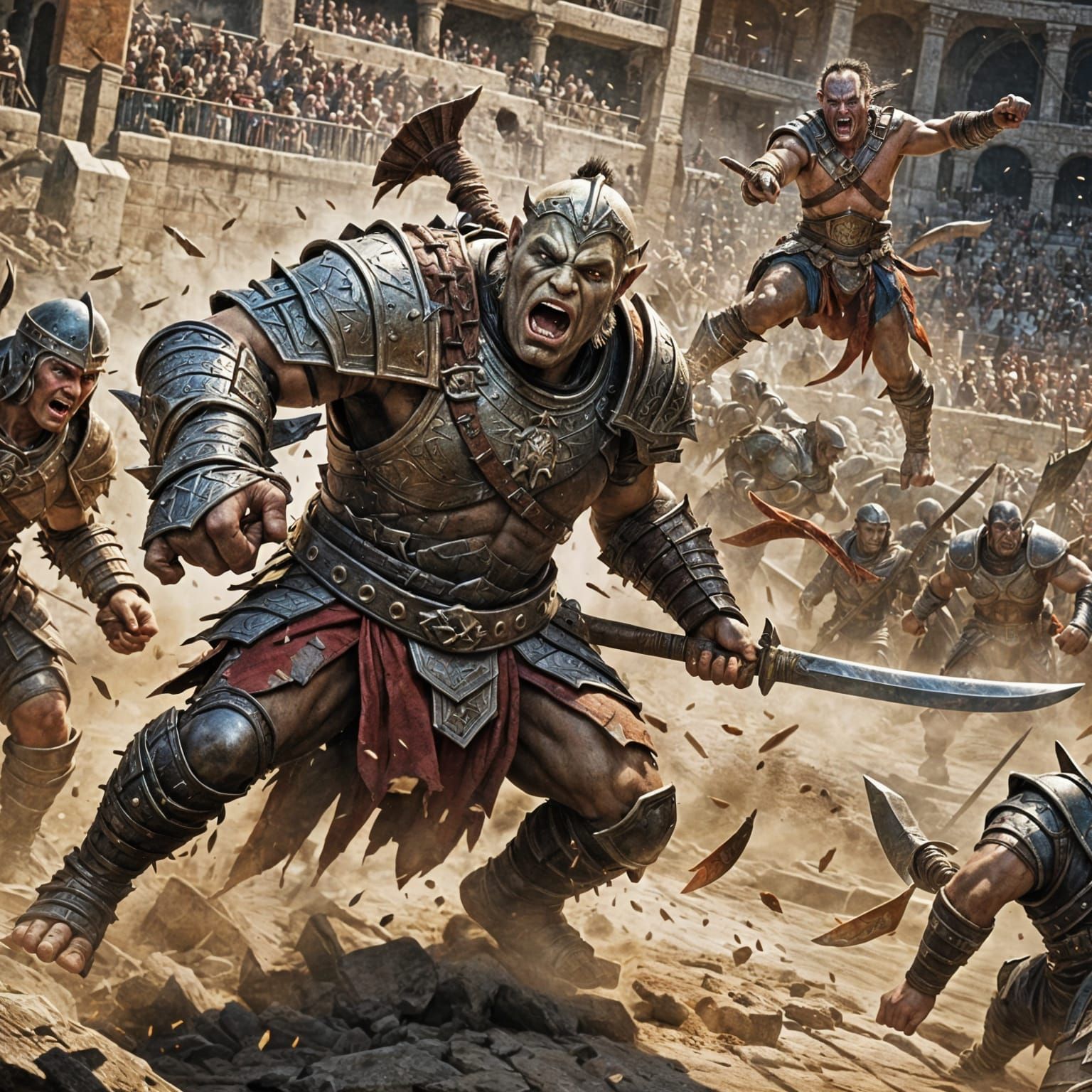 Half-Orc Gladiator in Arena: Hyperrealistic Concept Art