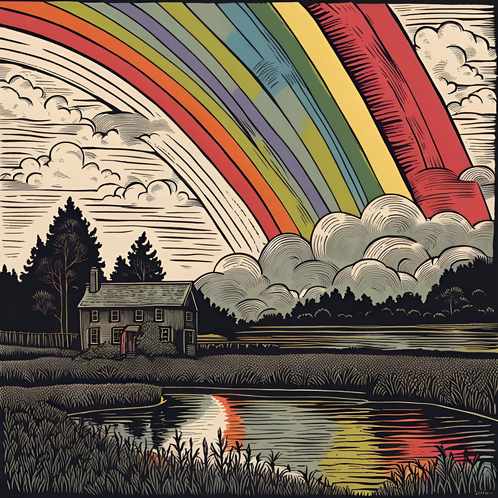 Rainbow's End in Linocut Style