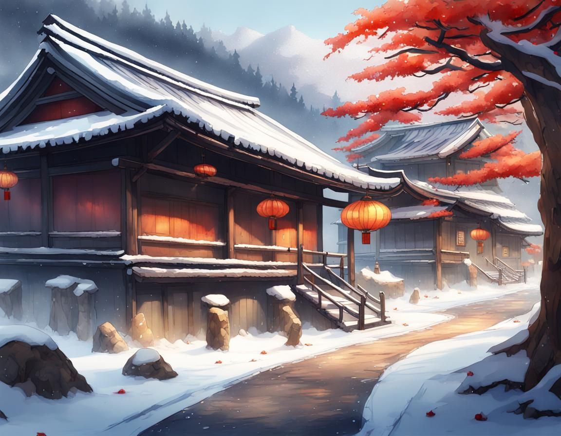 First snow in a japanese village