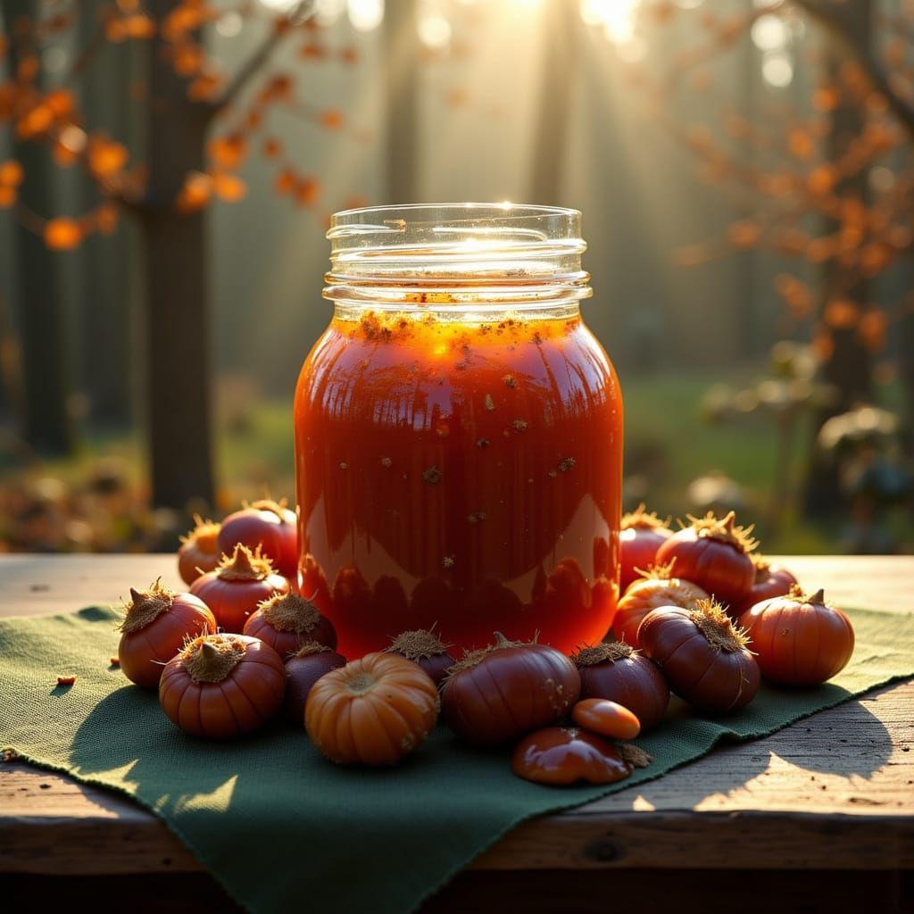 Homemade Chestnut Jam in Rustic Jar with Candied Chestnuts