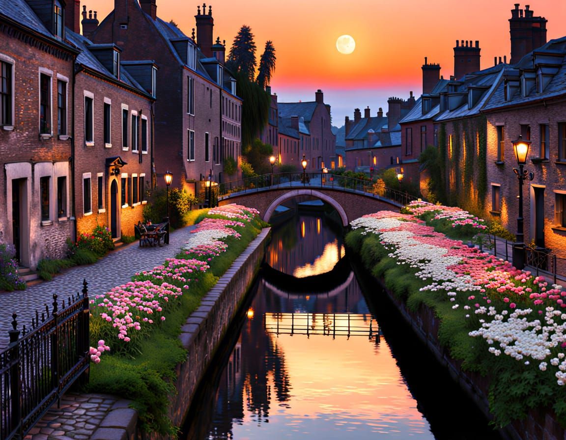 Moonlit Canal Scene in Old World City Impressionist Painting