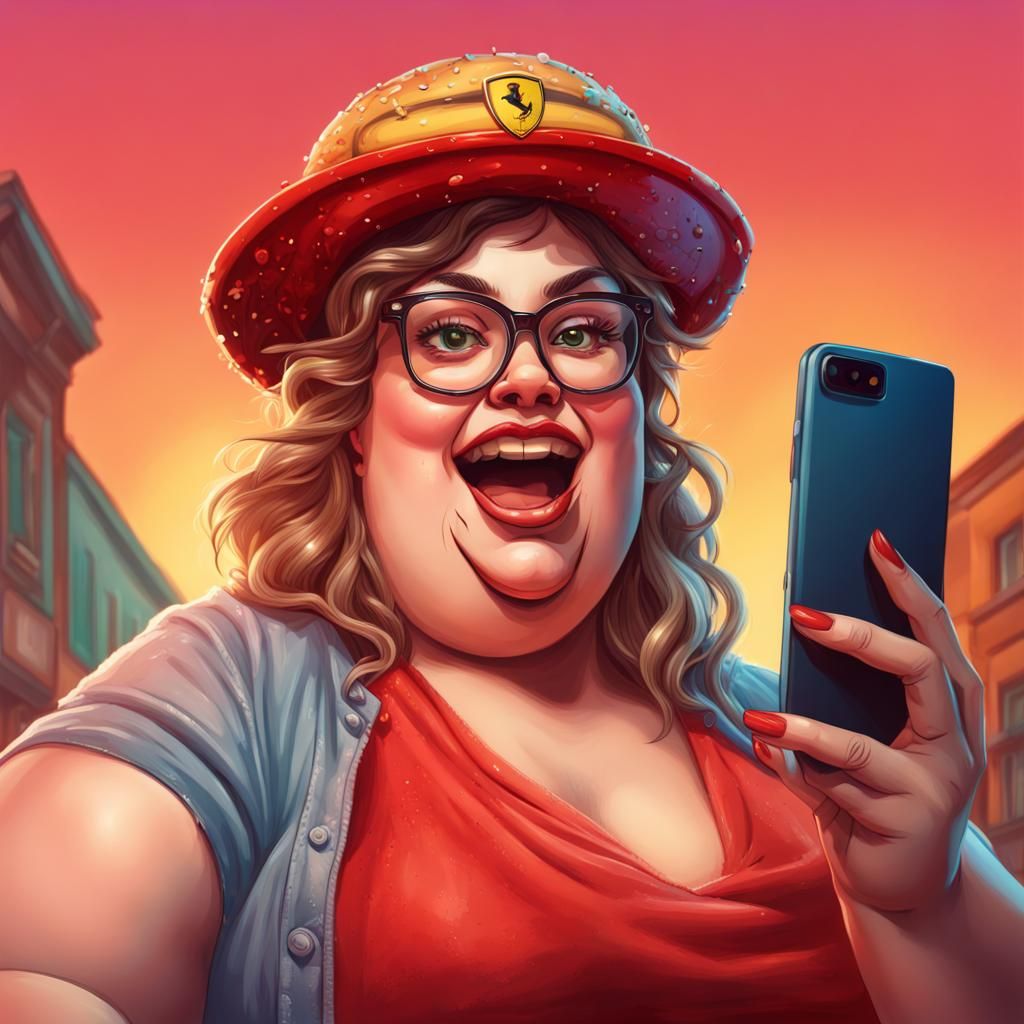 Hyperrealistic Selfie with Ferrari Hat and Burger
