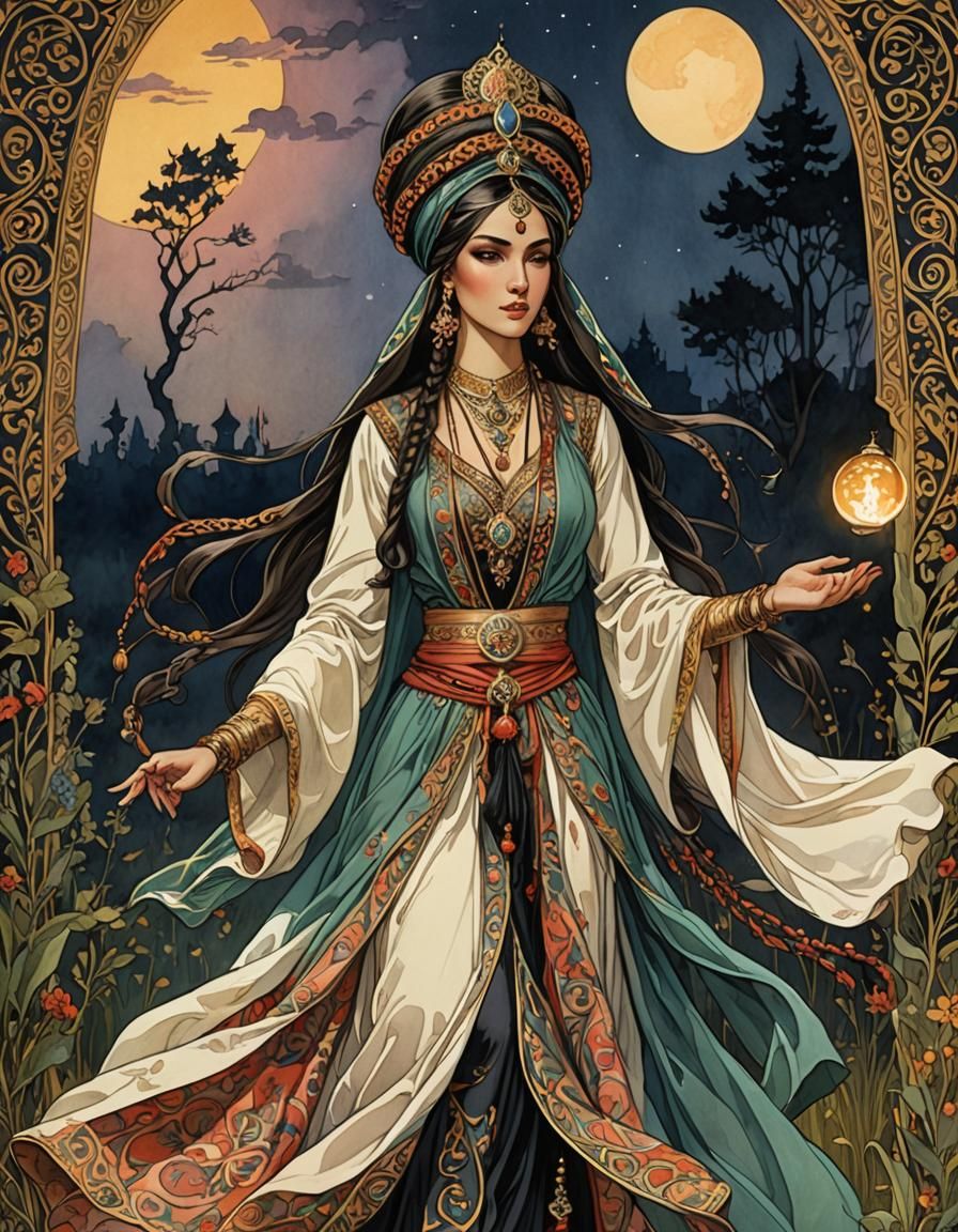 Enchanting Arabic Princess-Witch Amid Battlefield Sundown
