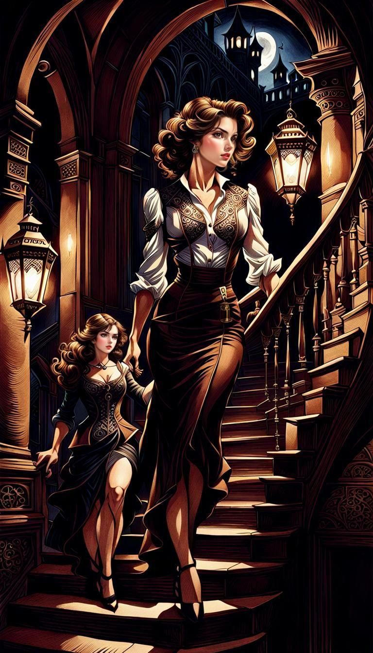 Gothic Woman Ascends Stairs: Cross-Hatched Ink Drawing