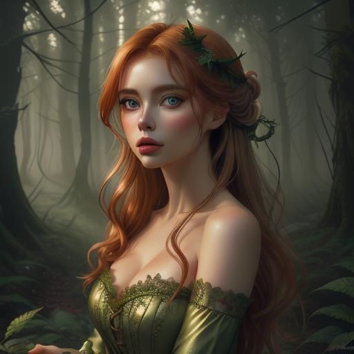 Ginger-Haired Woman in Misty Forest: Hyperrealistic Digital ...