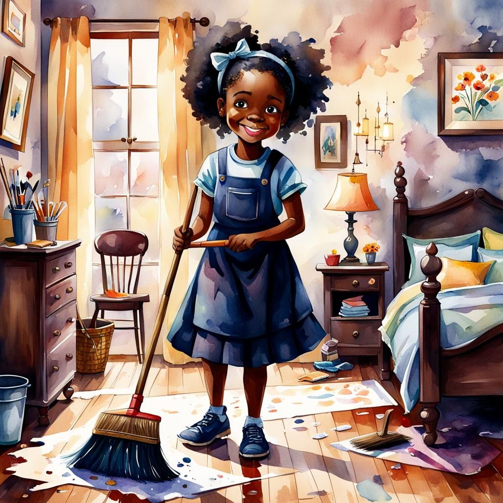 Little Girl Cleaning: Watercolor and Oil Painting