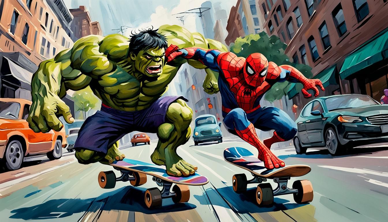 Hulk Skateboarding, Gouache Impressionist Masterpiece