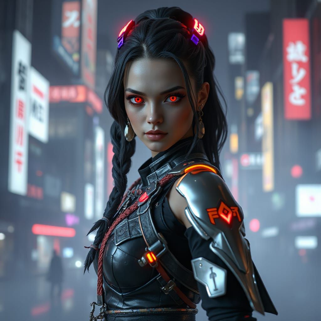 Android Samurai Warrior in Cyberpunk Cityscape