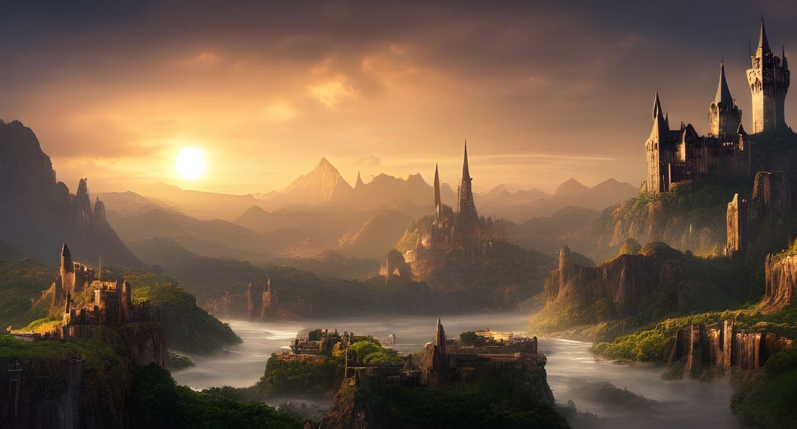 Majestic Kingdom Sunrise Over Valley: Epic Digital Painting